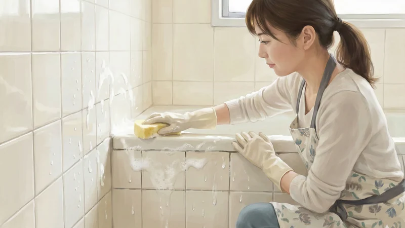 タイル張りの浴室で手袋をした女性がスポンジで浴槽の縁をこすり泡が飛び散る掃除シーン