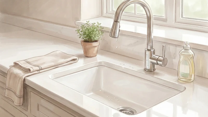 白いキッチンのシンクと蛇口のクローズアップでタオルと小さな観葉植物が置かれた清潔な台所