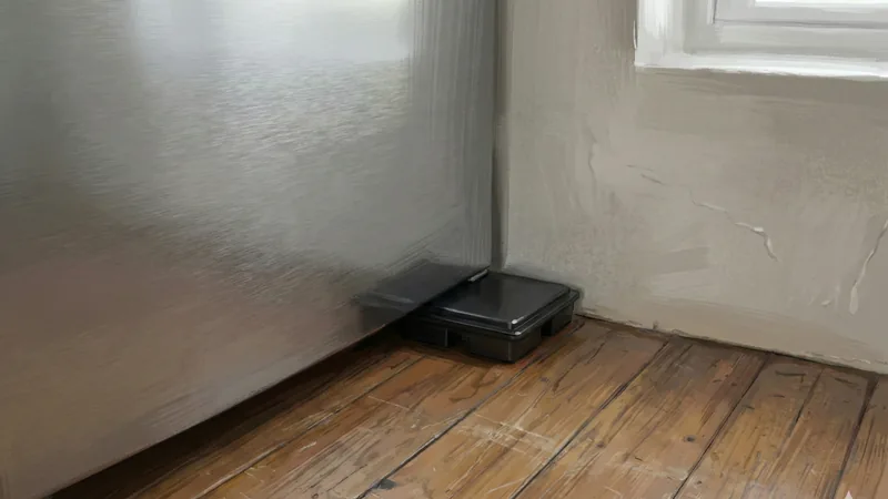 窓の光が入る部屋の角、木の床と白い壁の隅に黒いゴキブリ用毒エサの置き型ケースを設置した様子、周囲はシンプルで生活感控えめ