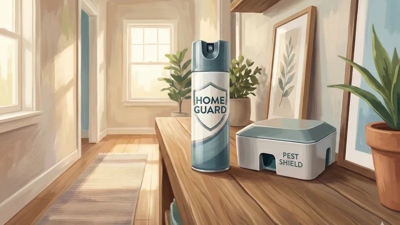 明るい廊下の木製コンソールテーブル上に殺虫スプレー缶と置き型ベイト剤が並び、観葉植物と額縁が背景にある日中の室内シーン