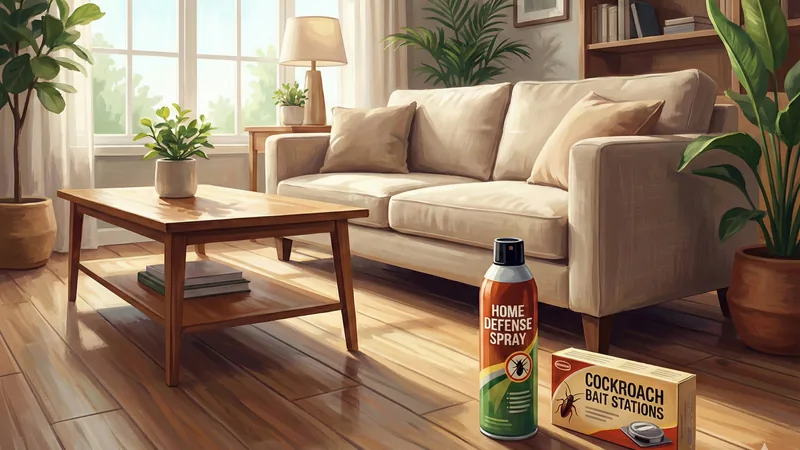 日差しが差し込むリビングの木の床に殺虫スプレーボトルとゴキブリ用毒エサ箱が置かれ、ソファと観葉植物が背景にある落ち着いた部屋