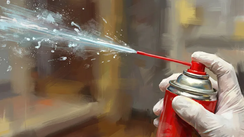 白い手袋の手が赤いスプレー缶の細いノズルで噴射し、青白い霧が飛び散る瞬間の接写、背景は室内の棚が大きくぼけた雰囲気