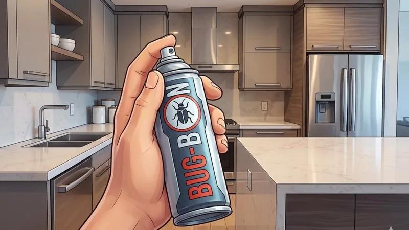 モダンなキッチンで手がゴキブリ駆除用スプレー缶を握り、シンクと冷蔵庫が奥に見える清潔な室内のイメージ