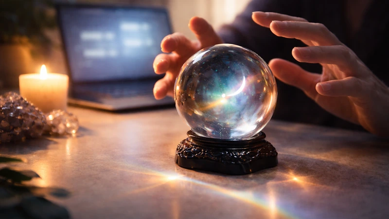 淡い石調のデスク上の台座付き水晶玉に虹色の光が走り、背後でノートパソコンのぼんやりした画面光が反射する中、両手が球体の周りにかざして占っている神秘的な雰囲気で、左奥にキャンドルと水晶クラスターが置かれている