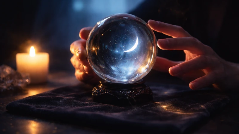 濃紺の布の上に台座付きの水晶玉が置かれ、左右の手が球体にそっと触れて占っているアップ構図で、左奥にキャンドルの灯り、背景に青い月光のにじみがあり、水晶玉の中に三日月の反射が浮かぶ神秘的な雰囲気