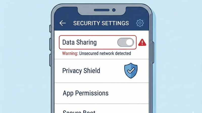 スマホのSecurity Settings画面でData Sharingの切替と未保護ネットワーク警告が表示されたセキュリティ設定のイメージ