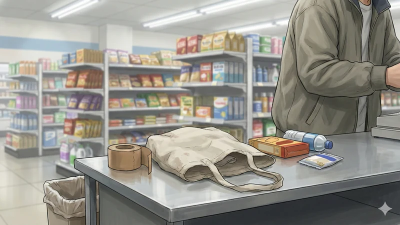 ドラッグストアのレジカウンターにエコバッグと日用品が置かれ、会計を待つ買い物客の上半身だけが写る斜めアングル、店内棚は背景ぼかし