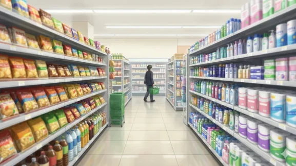 明るいドラッグストアの通路を奥へ歩く買い物客の後ろ姿、左右に食品や日用品の棚が並び手元に緑の買い物かごを持つ広角の雰囲気カット