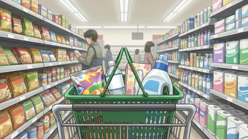 ドラッグストアの通路でカートの上に置かれた緑の買い物かご、ティッシュや洗剤ボトル、飲み物や菓子など日用品が詰まったアップ寄りのカット