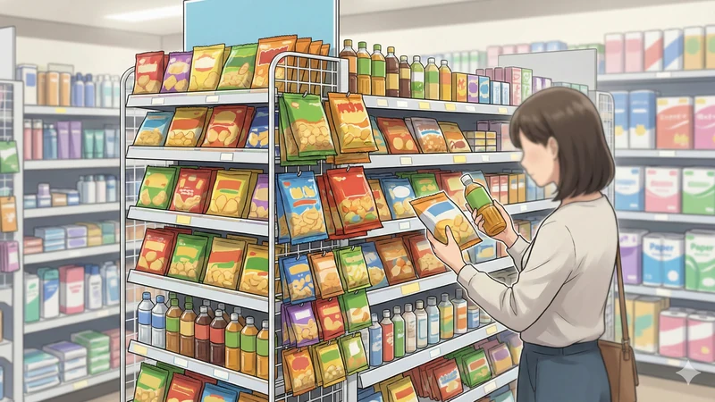 ドラッグストアのスナック売り場で、買い物客が袋菓子と飲み物を手に取り比べている様子、棚のカラフルな商品が並び背景はやわらかくボケる