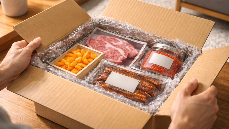 リビングの柔らかな自然光の中で段ボール箱のふたを開ける手元と、緩衝材に包まれた冷蔵のグルメ食品が整然と収まる開封シーン