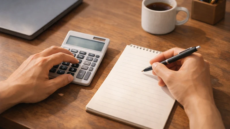 柔らかな日差しが入る木のデスクで、電卓を押す手と罫線ノートにメモを書く手、横向きに置かれた閉じたノートPCとマグカップが並ぶ上からの作業風景