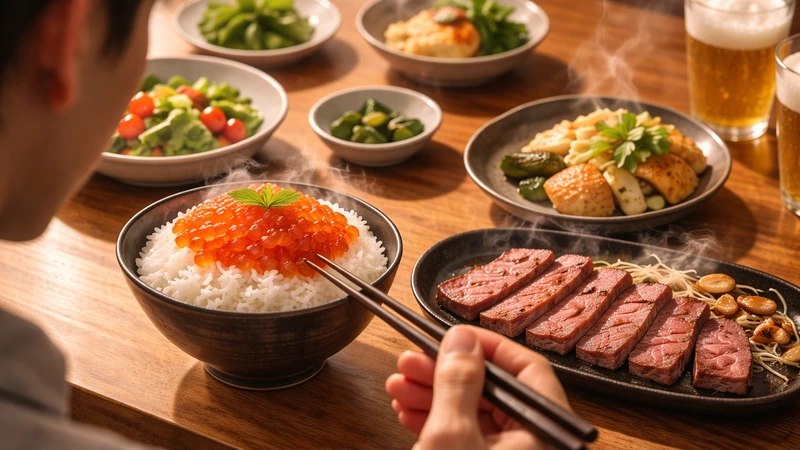 湯気が立つ霜降り牛肉の薄切り皿と、いくら丼の小鉢、素朴な副菜が並ぶ木の食卓を手前に、箸を持つ人物の横顔がぼけて写る温かな夕食のクローズアップ