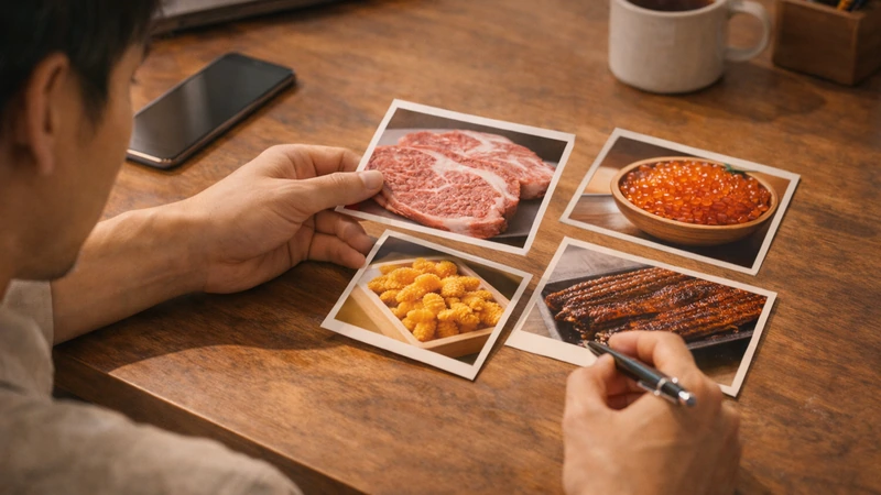 木のデスクに並べた霜降り牛肉・いくら・ウニ・うなぎ蒲焼きの写真カードを見比べる手元と、伏せたスマホや横向きのノートPCが置かれた温かな室内の作業風景