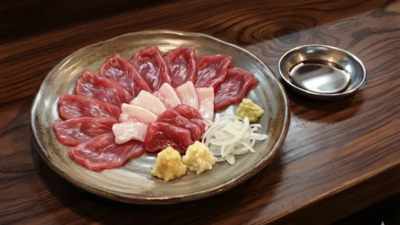 陶器皿に赤身と淡い脂身の馬刺しを花のように盛り、わさびとしょうが、スライス玉ねぎ、醤油皿を添えた木目