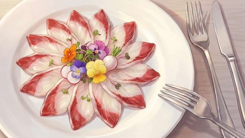白い皿の上に薄切りの馬刺しを花びら状に並べ、中央に食用花とラディッシュ、ハーブを彩り、木目のテーブルとカトラリーが添えられた俯瞰構図