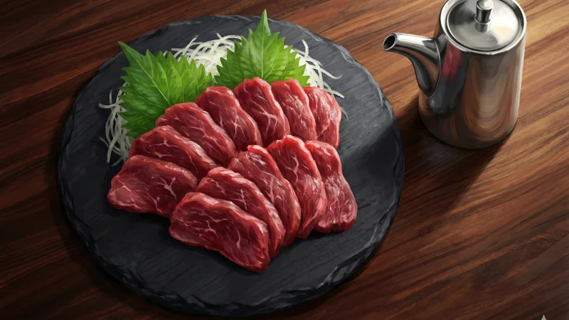 黒い石皿に赤身の馬刺しを扇形に盛り、大葉と白髪ねぎを添え、横に金属の醤油ポットを置いた落ち着いた木目背景