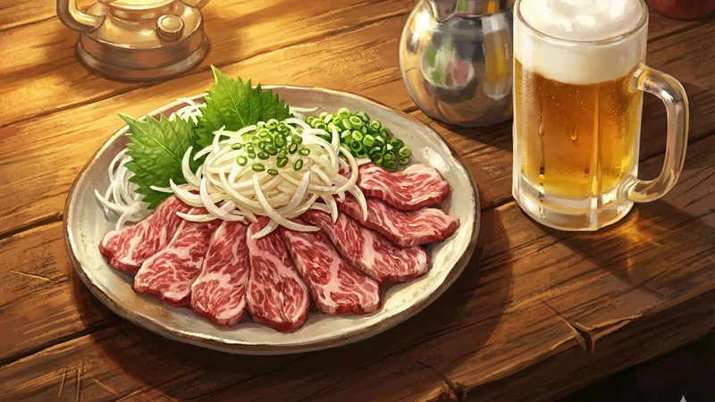 暖色のランタンが灯る木のテーブルに馬刺しの盛り合わせ皿、薬味、醤油差しと泡立つビールジョッキが並ぶ居酒屋風の情景