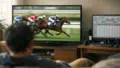 昼間のリビングでソファに座る人物を背後から捉え、テレビには走る競走馬の映像、脇のデスクのモニターには灰色の旧式Windows風競馬ソフト画面（多数の入力欄やチェック、タブ、下部の表）が映り、キーボードとマウスは手つかずのまま置かれている光景