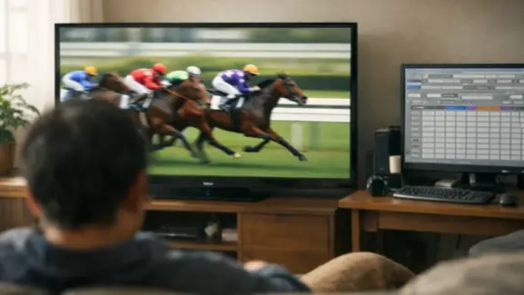 昼間のリビングでソファに座る人物を背後から捉え、テレビには走る競走馬の映像、脇のデスクのモニターには灰色の旧式Windows風競馬ソフト画面（多数の入力欄やチェック、タブ、下部の表）が映り、キーボードとマウスは手つかずのまま置かれている光景