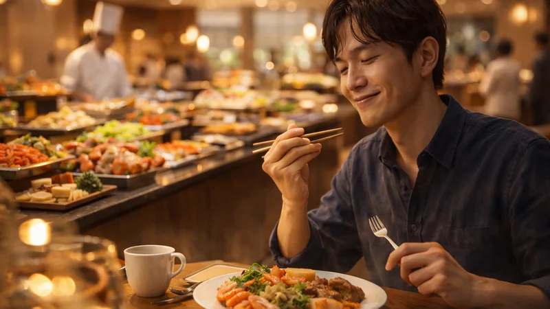暖色の照明が広がるホテルのビュッフェ会場で、海鮮や肉料理やサラダが並ぶカウンターを背景に、皿いっぱいの料理を前に箸とフォークで夕食を楽しむ満足そうな表情の人物