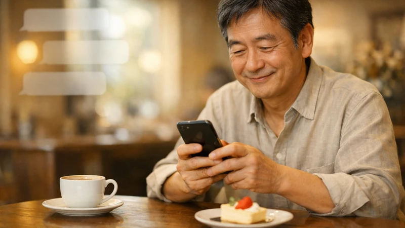 静かな日本のカフェで、穏やかな笑顔の中年男性がスマホでチャットを入力し、木のテーブルに白いコーヒーカップと小さなケーキ皿、背景に暖色のボケとぼかした吹き出しが浮かぶ