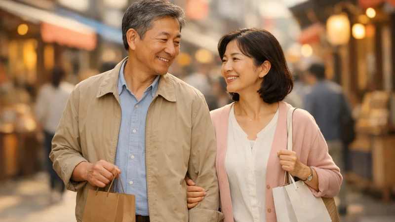 週末の日本の商店街を歩きながら買い物袋を持った中年夫婦が目を合わせて笑う、背景は店先と看板が文字の読めない抽象表現で人混みは柔らかくボケた暖かい昼の雰囲気