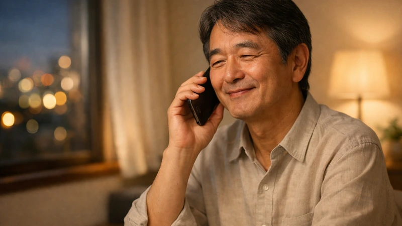 夜の自宅でスマホを耳に当てて落ち着いて通話する50代〜60代の日本人、窓の外に街明かりのボケが見え、室内は暖色のランプ光で整った空間、安心したようなやさしい笑顔