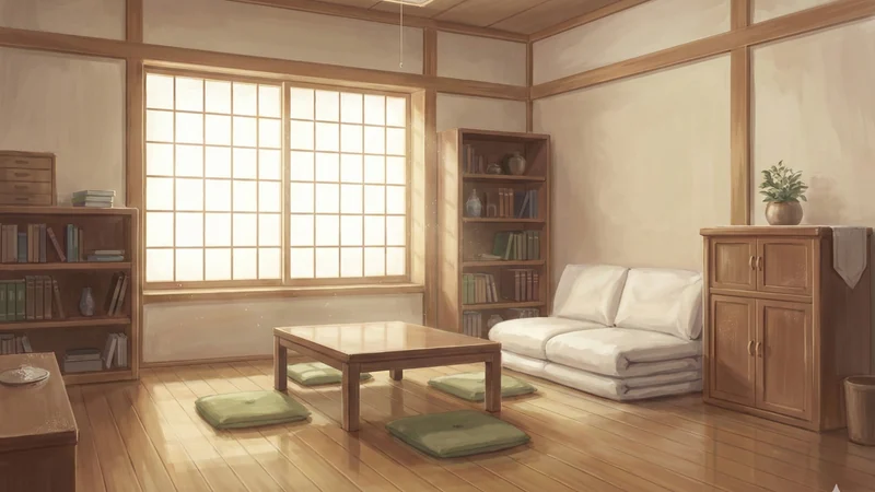 障子窓から柔らかな日差しが入る和室風の部屋に低いテーブルと座布団が並ぶ静かな室内