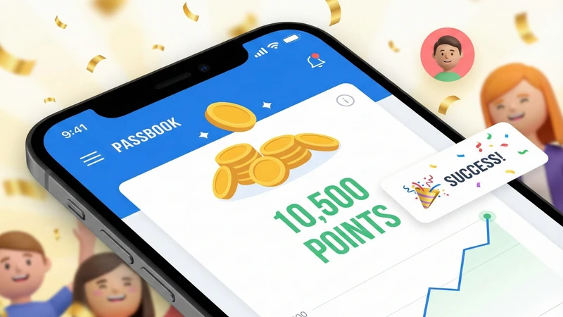 紙吹雪が舞う背景で、スマホのポイント残高10,500とSUCCESS表示が大きく映るアプリ画面のイメージ