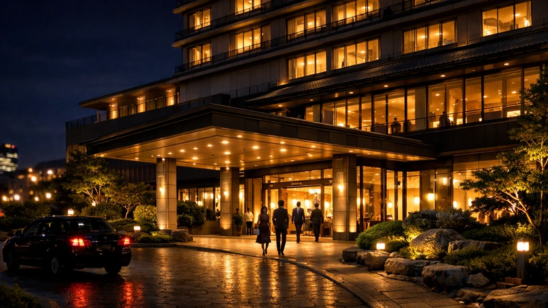 夜の街に灯る高級ホテルの外観、暖色の照明に照らされた車寄せとガラス張りのエントランス、濡れた石畳に光が反射しタクシーと宿泊客のシルエットが見える景色