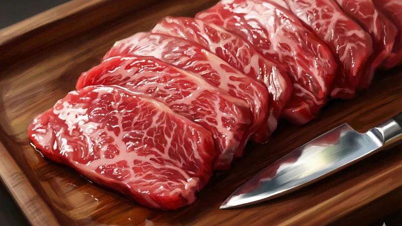 木製トレーの上に霜降りの馬肉スライスを並べ、横に銀色の包丁が置かれ、艶のある肉の質感が際立つアップ