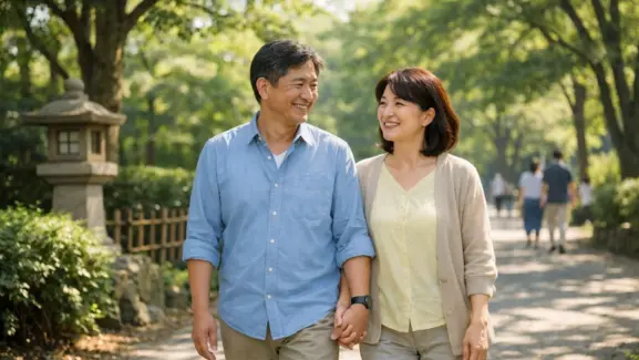 晴れた昼の日本の都市公園で、50代〜60代の日本人カップルが手をつないで並んで歩き、木漏れ日と緑に包まれた遊歩道の奥に人影がぼけて見え、石灯籠と竹柵がさりげなく写る爽やかな雰囲気