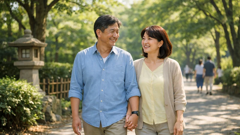 晴れた昼の日本の都市公園で、50代〜60代の日本人カップルが手をつないで並んで歩き、木漏れ日と緑に包まれた遊歩道の奥に人影がぼけて見え、石灯籠と竹柵がさりげなく写る爽やかな雰囲気