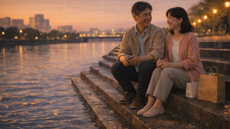 夕焼けの川沿いの石段に50代〜60代の日本人カップルが並んで座り、川面の反射と遊歩道の街灯のボケを背景に買い物袋を脇に置いて笑顔で会話している様子
