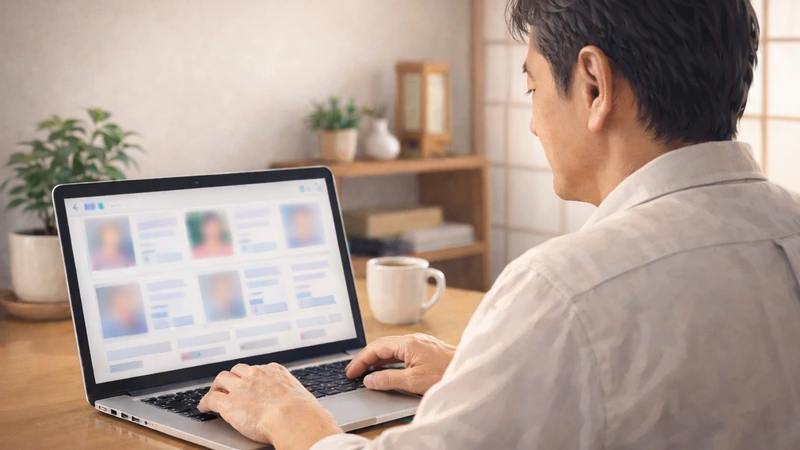 日本の自宅の明るい部屋で、整った木製デスクのノートPCに並ぶぼかしたプロフィールカードを、50代後半の男性が肩越し構図で穏やかに見ている様子、横にマグカップと小さな観葉植物、背景は柔らかいボケ