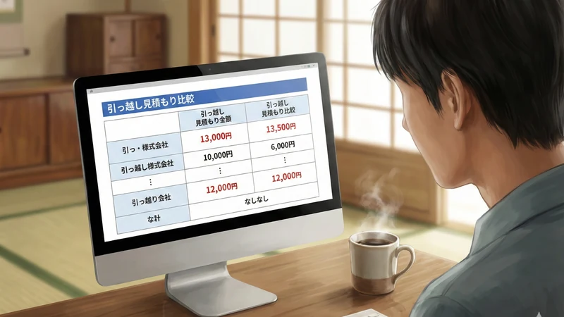 和室の机でコーヒーを置き、デスクトップ画面に引越し見積もりの料金比較表が表示されているのを男性が見ている