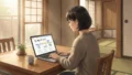 日差しの入る和室の座卓で、女性がノートパソコンで引越しサービスの比較画面を操作し、湯呑みと観葉植物が置かれている