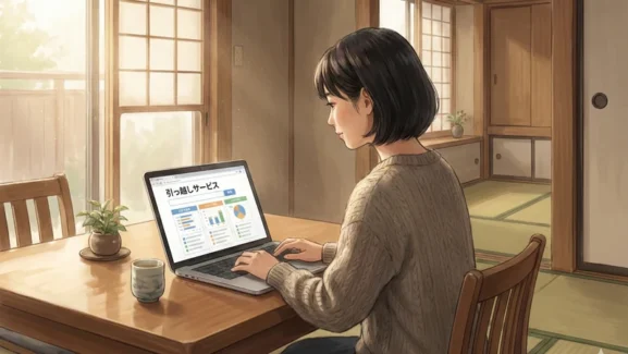 日差しの入る和室の座卓で、女性がノートパソコンで引越しサービスの比較画面を操作し、湯呑みと観葉植物が置かれている