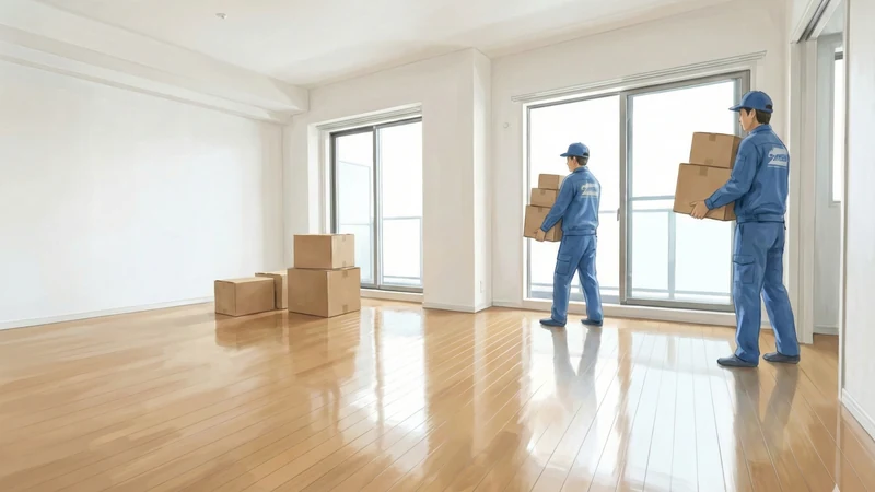 日差しの入る空っぽの新居で、青い作業服の引越しスタッフ2人が段ボール箱を運び込んでいる広いフローリングの部屋