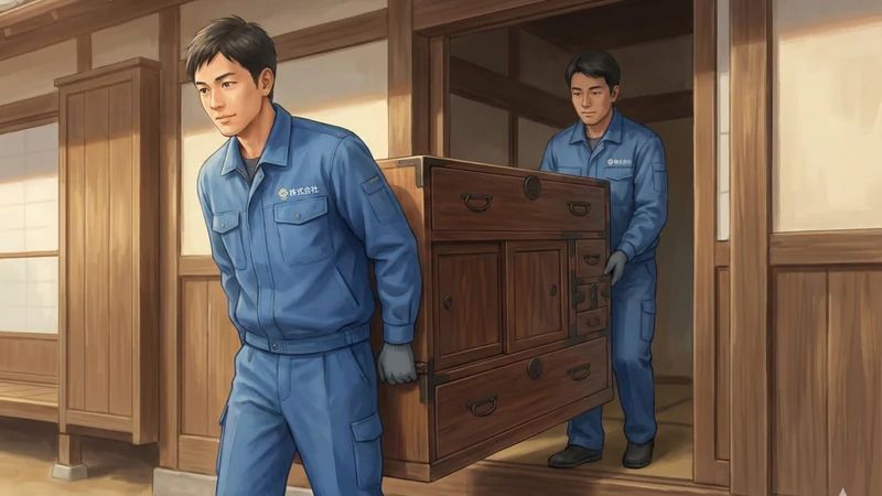 木造の和風住宅の玄関先で、青い作業服の引越しスタッフが大きな箪笥を2人で運び出している