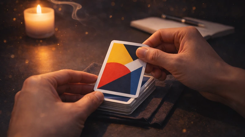 暗めのマットなテーブルで両手が抽象柄のカードを山札から引く瞬間をアップで捉え、左奥にすりガラスのキャンドル、上部にお香の煙が漂い、金色の粒状ボケが舞って見える神秘的な雰囲気で、右奥にノートとペンがぼけて置かれている