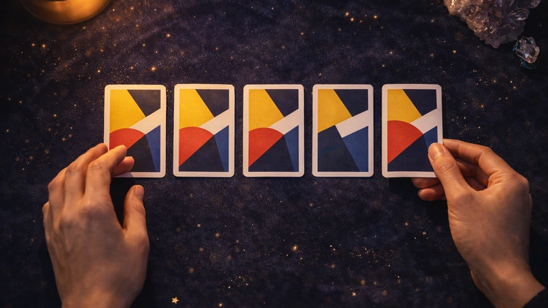 星屑のような粒が散った濃紺ベルベットの上に抽象柄のカードが5枚横一列に並び、左右の手がカードを整えている俯瞰構図で、左上に暖色の光源、右上に水晶クラスターが置かれた神秘的な雰囲気