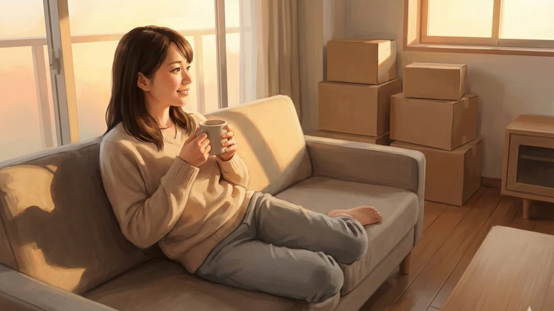 夕日が差し込むリビングで、ソファに座ってマグカップを持つ女性の横に引越し用の段ボールが積まれている