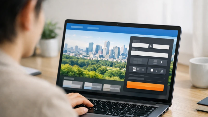 肩越し視点でノートパソコンから国内線を予約している様子、青いヘッダーの予約サイト風画面に都市のスカイラインと緑の背景、右側に黒い検索パネルと白い入力欄、オレンジの検索ボタンが見える明るいデスク