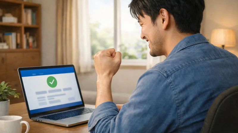 自宅のデスクでノートパソコンの航空券予約完了画面を見ながら小さくガッツポーズする30代前半の日本人男性、青いヘッダーとチェックマークの確認UI、窓からの暖かい日差しと本棚や観葉植物がある整った部屋