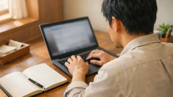 窓からの暖かな日差しが差し込む木のデスクで、画面がぼけたノートパソコンに向かいキーボードを打つ人物の後ろ姿と、開いたノートとペン、マグカップが置かれた作業風景