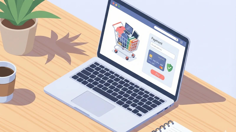 観葉植物とコーヒーのある木のデスク上で、ノートPCにオンライン購入の支払いフォームと買い物カートが表示されたイメージ