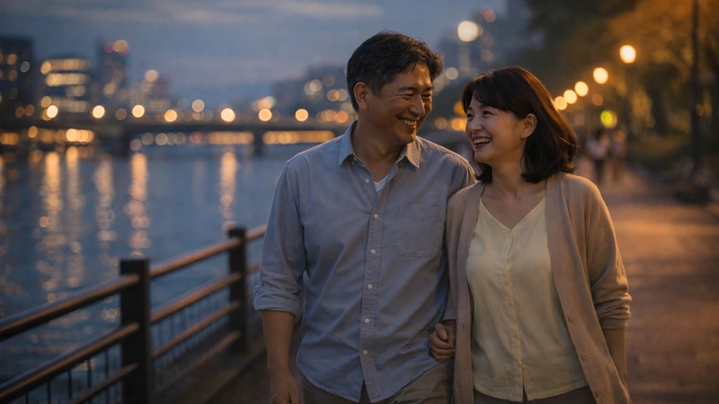 夕暮れの日本の川沿い遊歩道で50代〜60代の日本人カップルが寄り添って歩き街灯の光が玉ボケになって川面に反射し背景に橋と街の灯りが柔らかく滲む落ち着いたデート風景