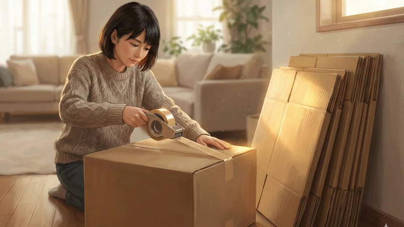 暖かな室内光のリビングで、床に座った女性がガムテープで段ボールを閉じ、横に平たく畳まれた箱が立てかけられている